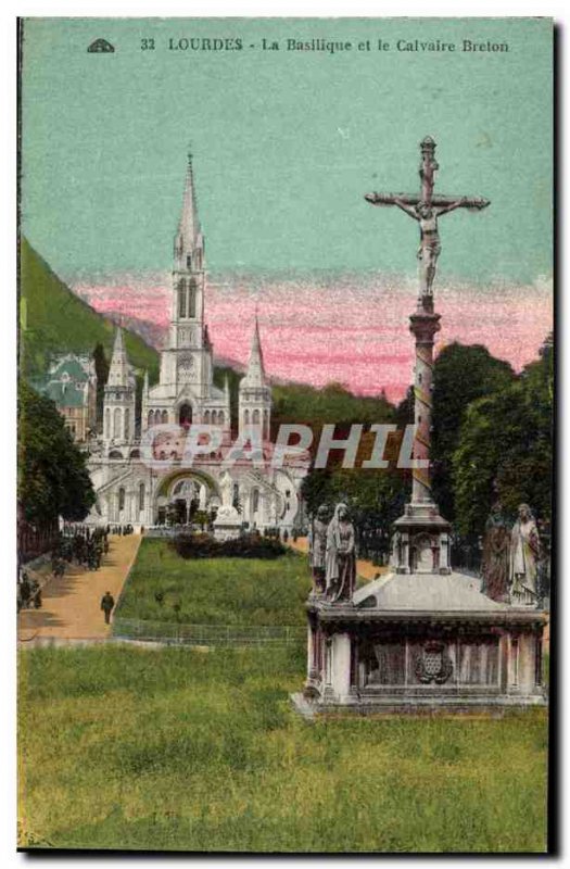 Old Postcard Lourdes Basllique and the Breton Calvary