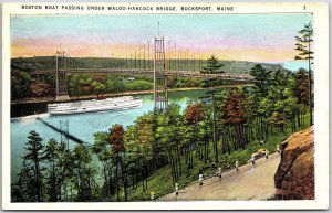 Bucksport Maine ME, Boston Boat Passing Under Waldo-Hancock Bridge, Postcard