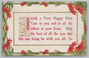 New Years~Red Flowers Boarder~Best Of All Joys~Vintage Postcard