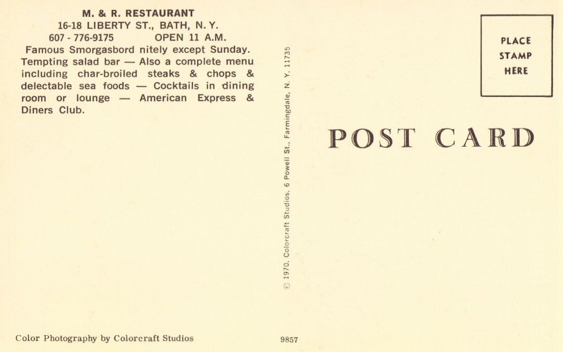 M. & R. Restaurant - Bath, New York Postcard