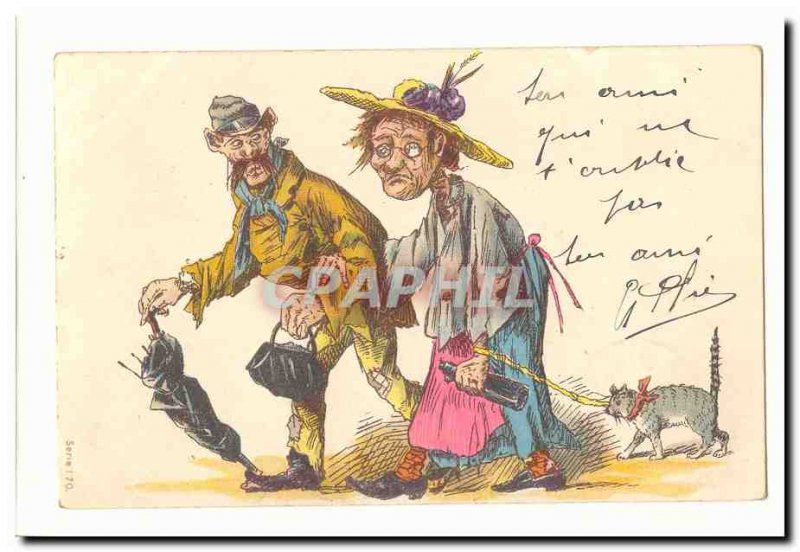 Old Postcard couples tramps Chat (illustrator)