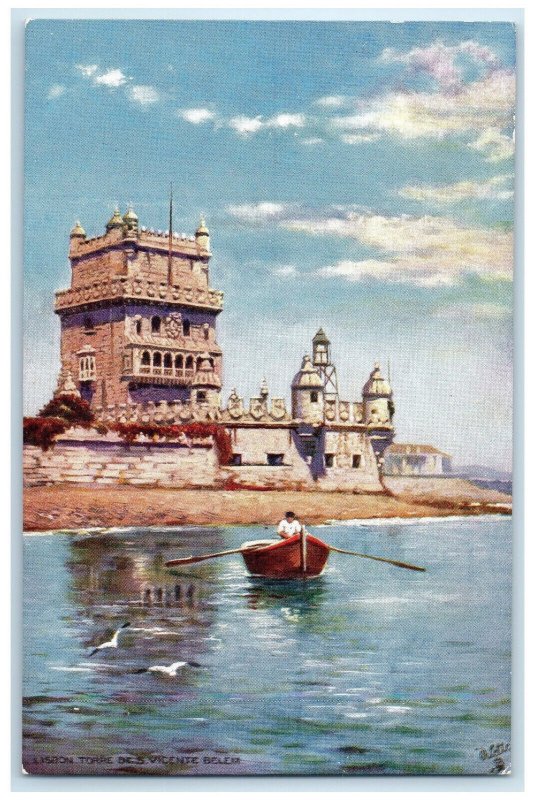 c1910 Lisbon Torre Des Vicente Portugal Canoe Boat Oilette Tuck Art Postcard