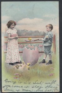 Children Postcard - Boy and Girl With an Easter Egg and Chicks   RS15227