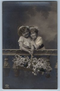 c1910's Children Girls Flowers Studio RPPC Photo Unposted Antique Postcard