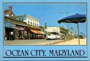 Ocean City Maryland Boardwalk Train, Beach, Clock Postcard