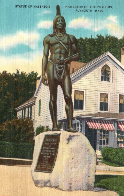 Vintage Postcard 1930's Statue of Massasoit Protector of Pilgrims Plymouth Mass.