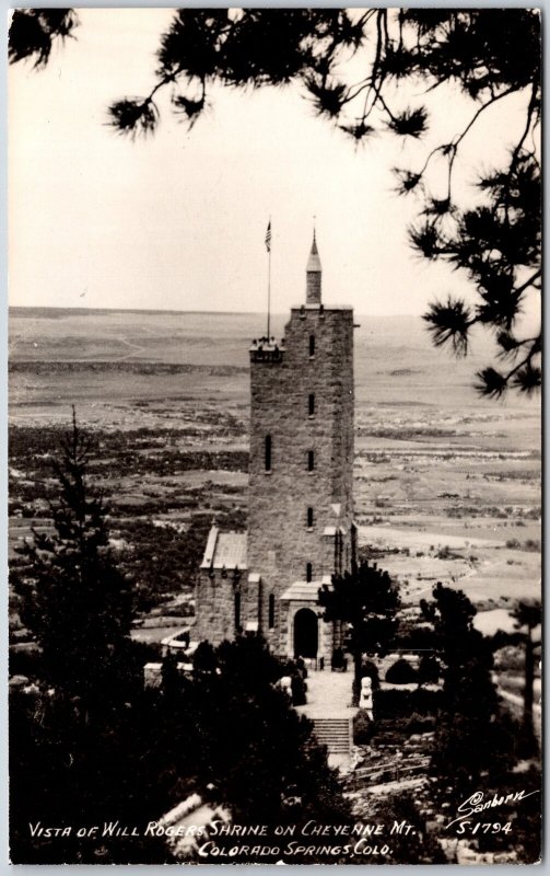 Vista Will Rogers Shrine Cheyenne Mts. Colorado Springs Real Photo RPPC Postcard