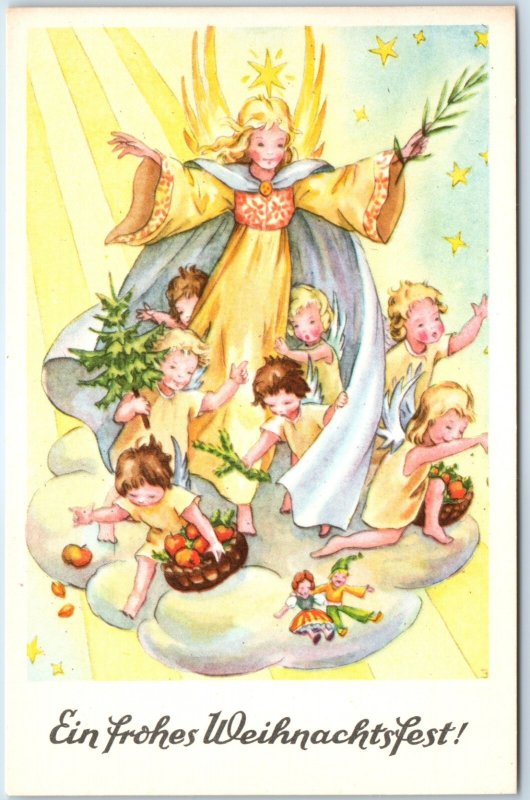 c1950s Germany Christmas Angel Children Baskets Fruit Pine Tree German A365