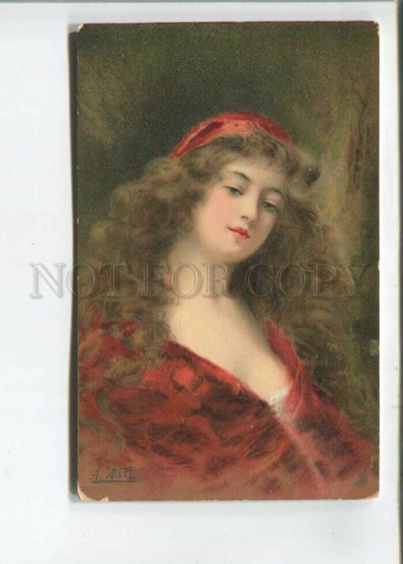 473025 Angelo ASTI Lady in Red Long Hair Vintage postcard TSN #505-1