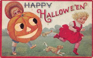 J87/ Halloween Postcard Holiday c1910 Jack-O-Lantern Kids Dog 32