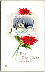 Best Christmas Wishes Poinsettia Flowers & Winter House Greetings Postcard