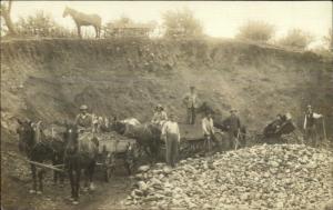 Men Horse Teams Wagons Rock Pile Labor Work c1910 Real Photo Postcard