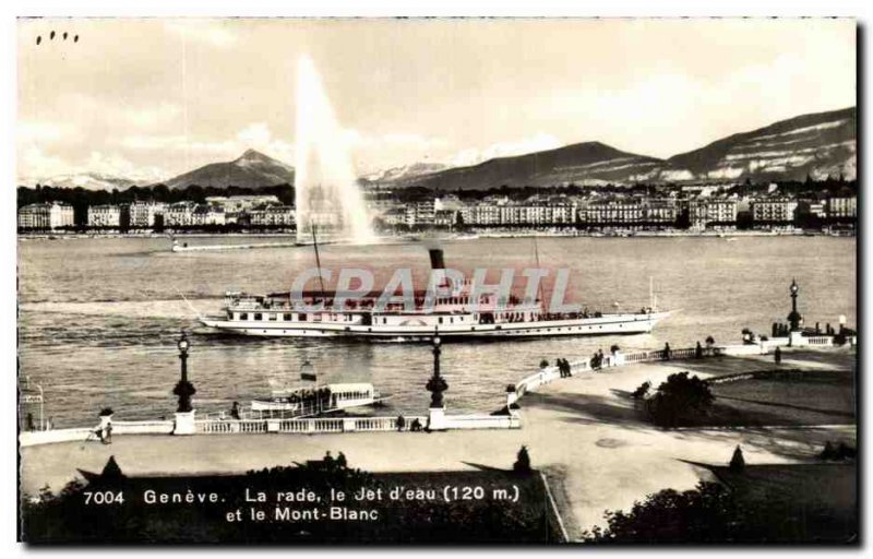 Old Postcard The bay Geneva Jet d & # 39eau and Mont Blanc Boat