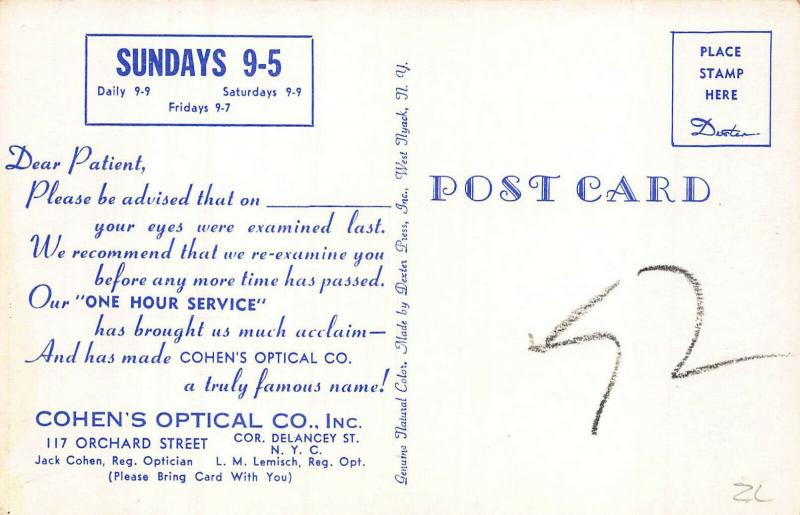 New York NY Cohen's Optical Company 117 Orchard Street Postcard