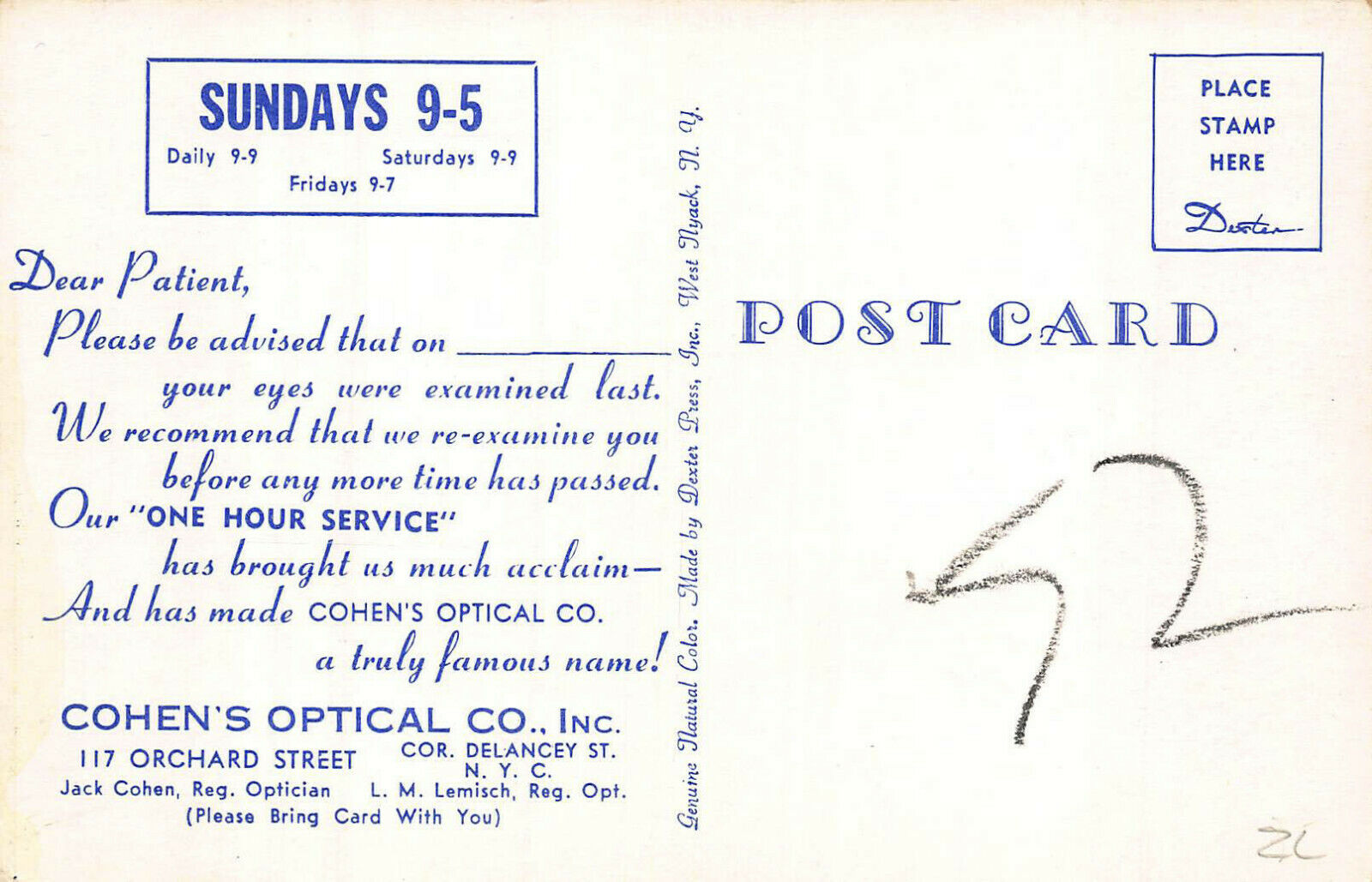 New York NY Cohen's Optical Company 117 Orchard Street Postcard