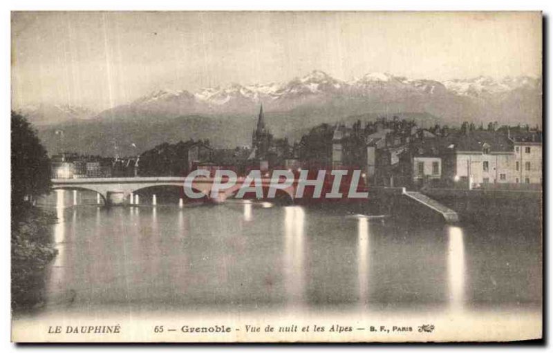 Old Postcard The Dauphine Grenoble Night view and the Alps