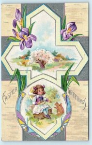 EASTER GREETINGS Embossed Cross GIRL & SQUIRREL 1910 Silver Postcard