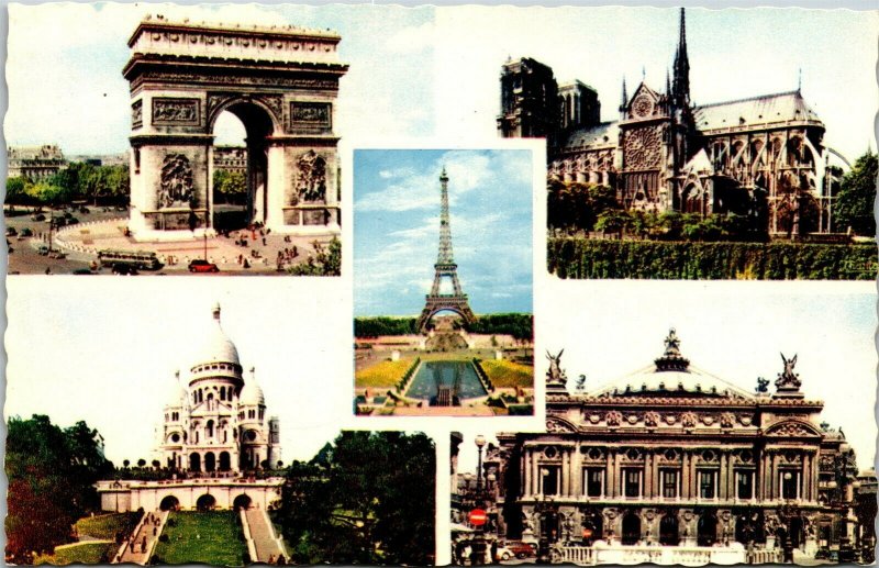 Vtg Paris France arc de Triomphe Notre-Dame Tour Eiffel Sacre-Coeur Postcard