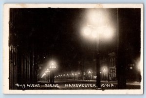 Manchester Iowa IA Postcard RPPC Photo Night Scene Street Lights c1910's Antique