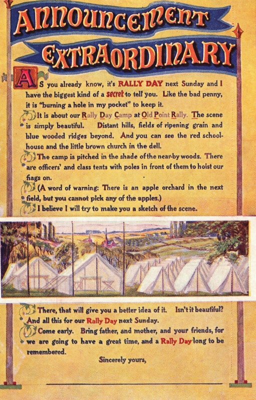 VINTAGE POSTCARD RALLY DAY CAMP AT OLD POINT RALLY APPEARS ORIGINAL D/BACK