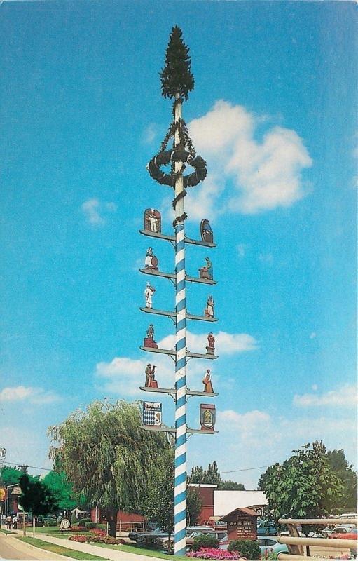 Frankenmuth Michigan~Maypole~The Malbaum~Handcarved Crests~1977 Postcard 