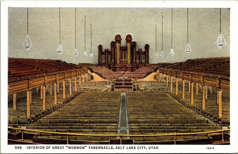 Interior Great Mormon Tabernacle Salt Lake City Utah UT WB Postcard VTG UNP 