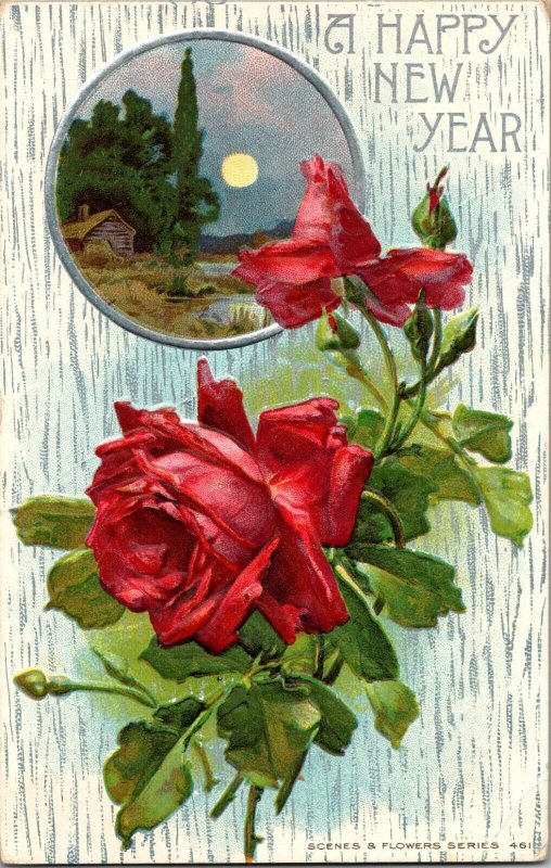 New Year Greeting Vintage Postcard C1915 Scenes & Flower Series Silver Foil