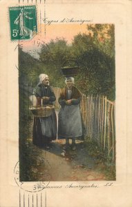 French folk types costumes Auvergne postcard