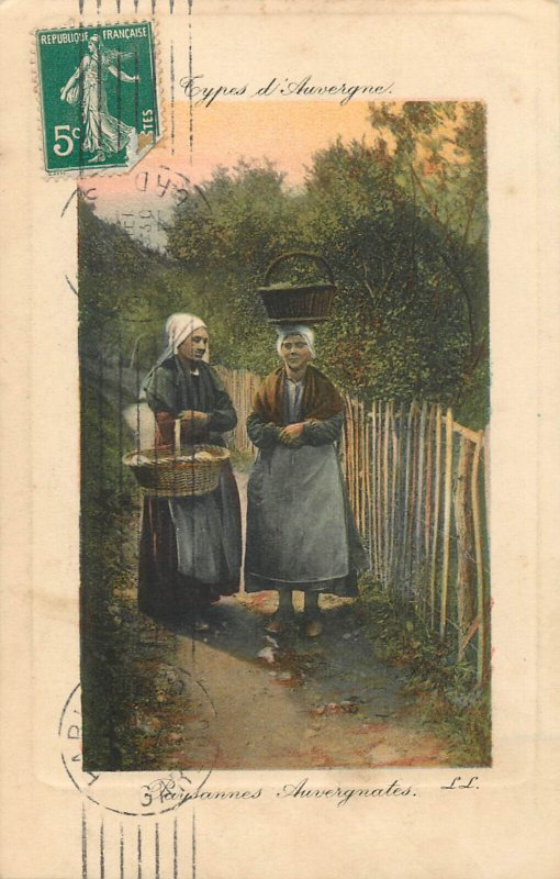 French folk types costumes Auvergne postcard