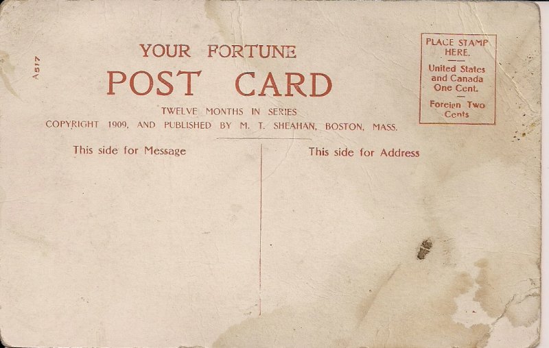 Fortune Telling Postcard, 1909, Flower Honeysuckle, Birthstone Agate, June