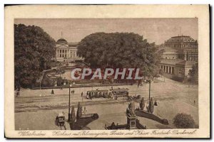 Old Postcard Wiesbaden Kursaal theater with garden and sttue of & # 39empereu...