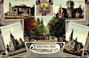 Vtg Greetings from Jacksonville Florida FL Multiview Churches 1910s Postcard