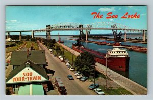 Sault Ste. Marie MI-Michigan, Soo Locks, Freighter, Chrome Postcard