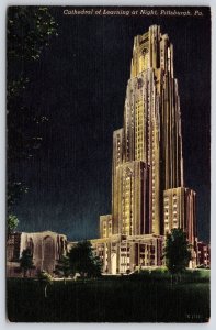 1950's Cathedral Of Learning At Night Pittsburg Pennsylvania PA Posted Postcard