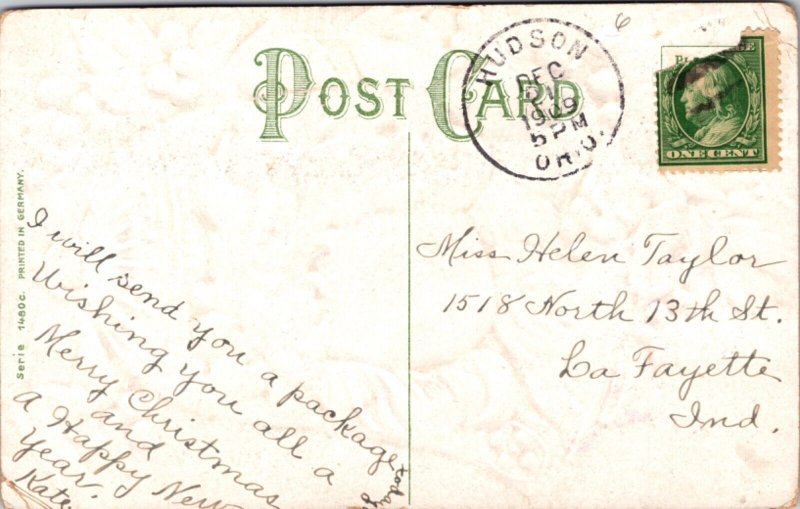 Merry Christmas Postcard Beautiful Young Blonde Girl Face Inside Gold Bell Holly