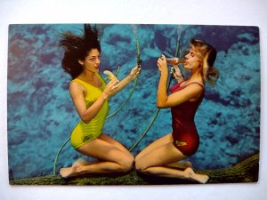 Weeki Wachee Mermaids Florida Postcard Ladies Eats Banana Drink Soda Underwater