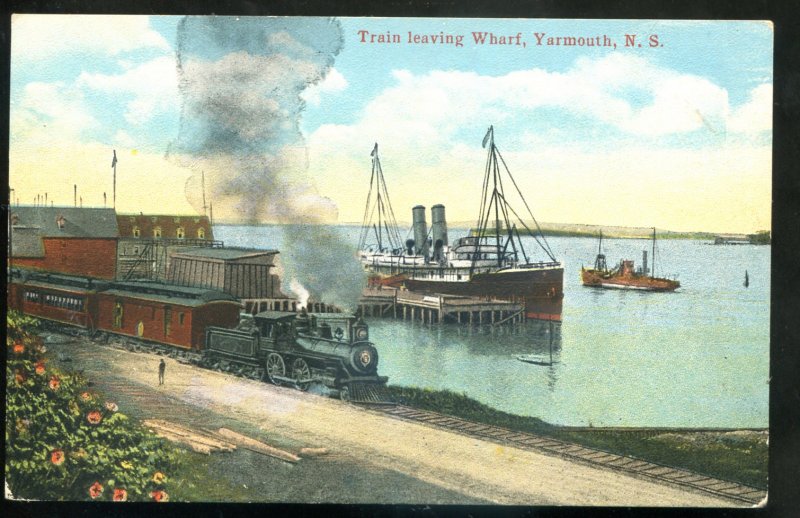 dc1349 - YARMOUTH Nova Scotia Postcard 1920s Steamer & Train Leaving Wharf