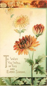 c1900 Tuck Embossed Christmas Art Card Golden Chrysanthemums, Opens Up