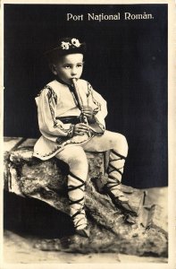 romania, Young Boy in Costumes playing the Flute (1939) RPPC Postcard