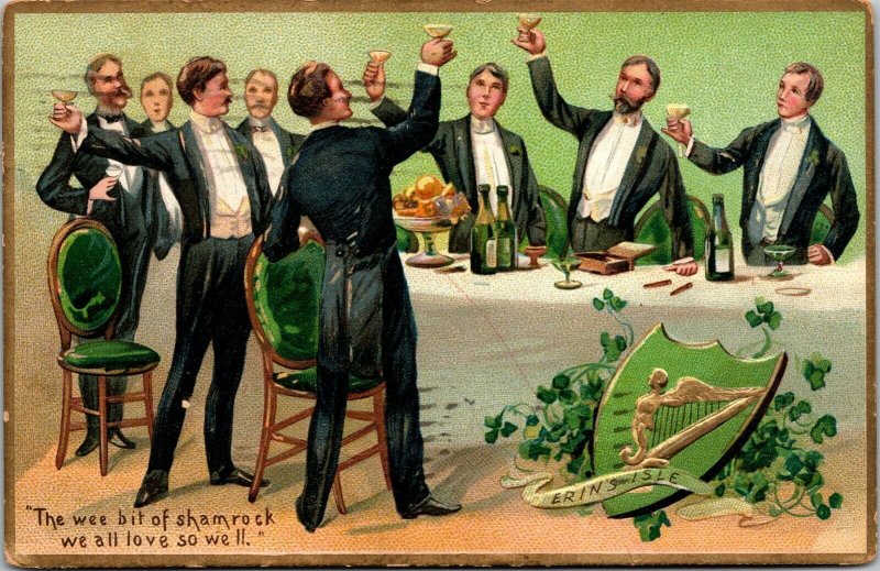Vtg St Patrick's Day Men Toast Shamrock Emerald Isle 1910s Tuck Postcard