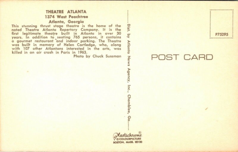 Theatre Atlanta Georgia GA Interior Stage Repertory VTG Postcard UNP Unused 