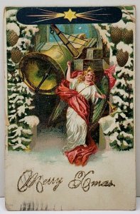 A Merry Xmas Angel Ringing the Bell Glitter  Accents 1906 Waynesboro Postcard D9