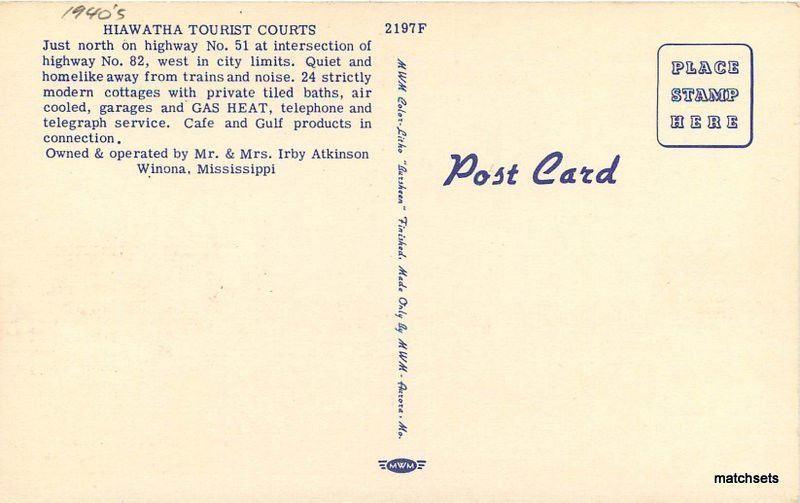 1940s Winona Mississippi Hiawatha Tourist Court MWM Linen postcard 12117
