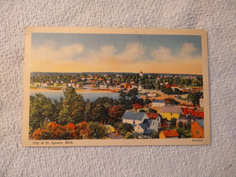 1940's City of St. Ignace, Michigan Aerial View Linen Postcard