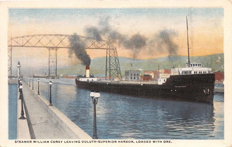 STEAMER WILLIAM COREY LOADED W/ ORE~DULUTH~SUPERIOR HARBOR~SHIP POSTCARD c1920s