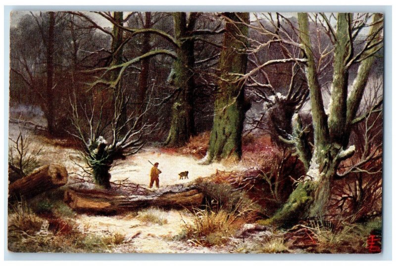 c1910 Man Hunting Animals in Forest Winter Scenes Oilette Tuck Art Postcard 