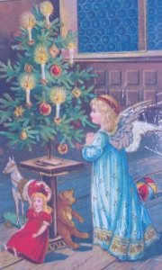 1920s Fantasy Angel Toys Candles Tree Gel Antique Vintage Christmas Postcard