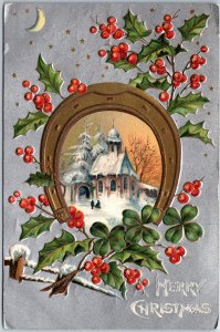 VINTAGE POSTCARD MERRY CHRISTMAS CHURCH HORSESHOE THISTLE MISSOULA MONTANA 1907