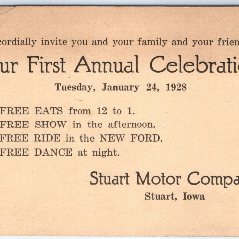 1928 Stuart, IA Motor Company 1st Celebration Invite Postcard Ford Car Ride A71