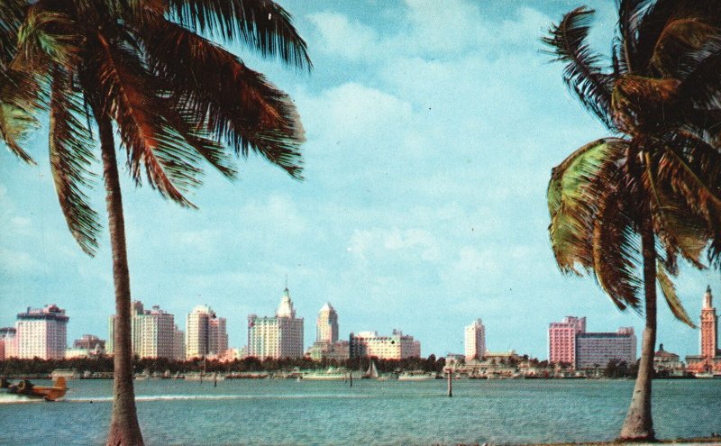 Vintage Postcard Imcomparable Skyline From Mcarthur Causeway Miami Florida Fla.